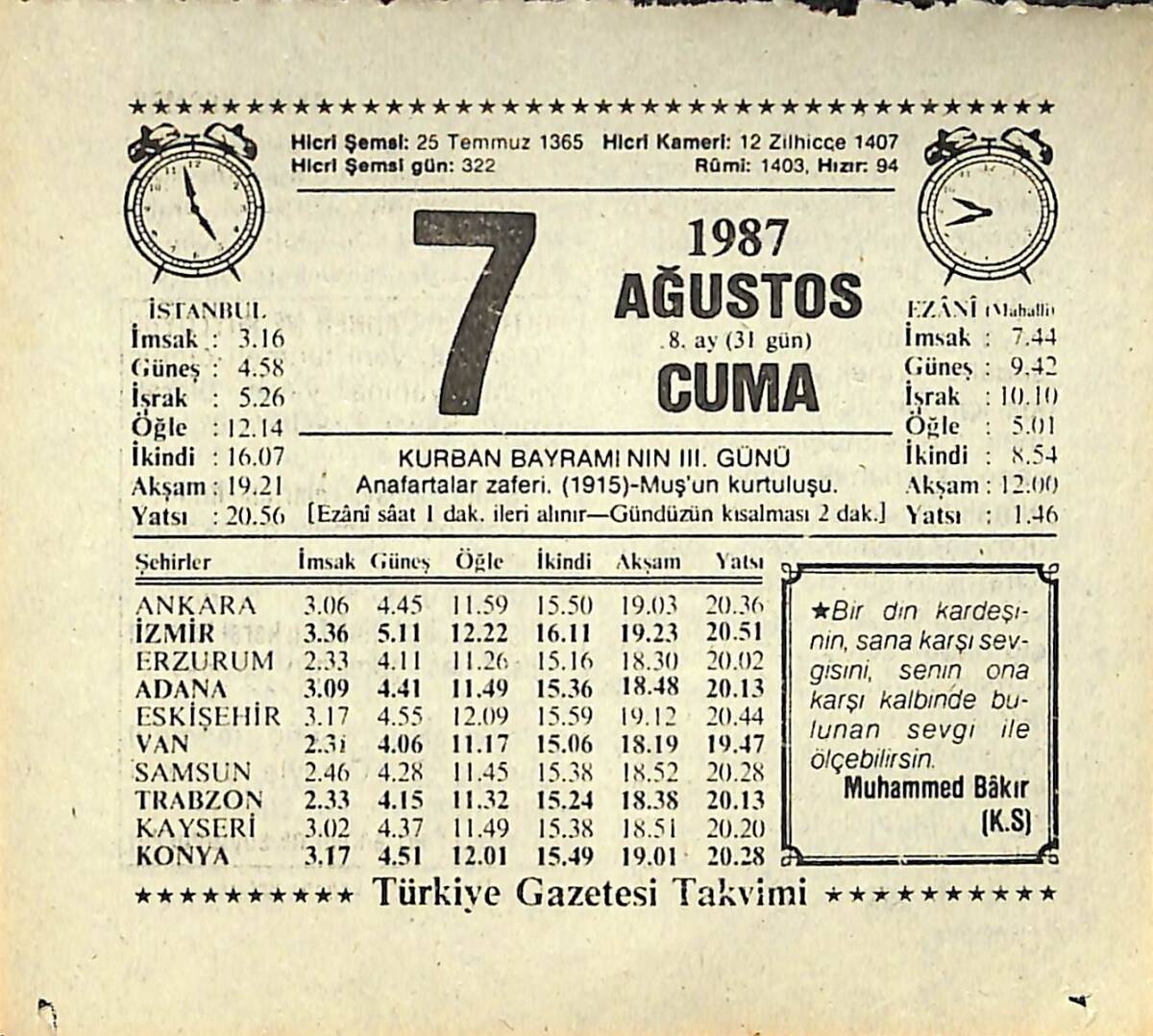 7 Ağustos 1987 Takvim Yaprağı - Doğum Günü Hediyesi EFMN13850 - 1