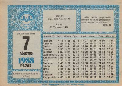 7 Ağustos 1988 Takvim Yaprağı EFM(N)2287 - 2