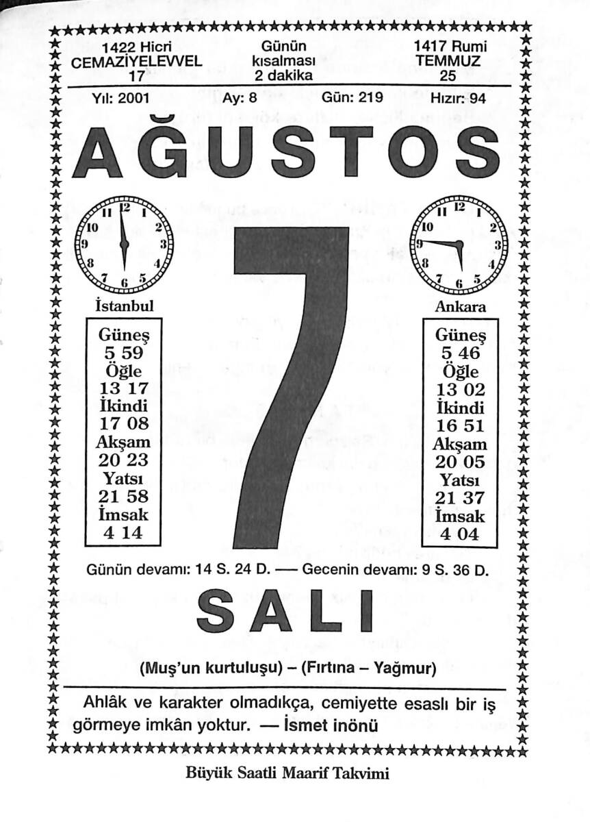 7 Ağustos 2001 Takvim Yaprağı - Doğum Günü Hediyesi EFMN14223 - 1