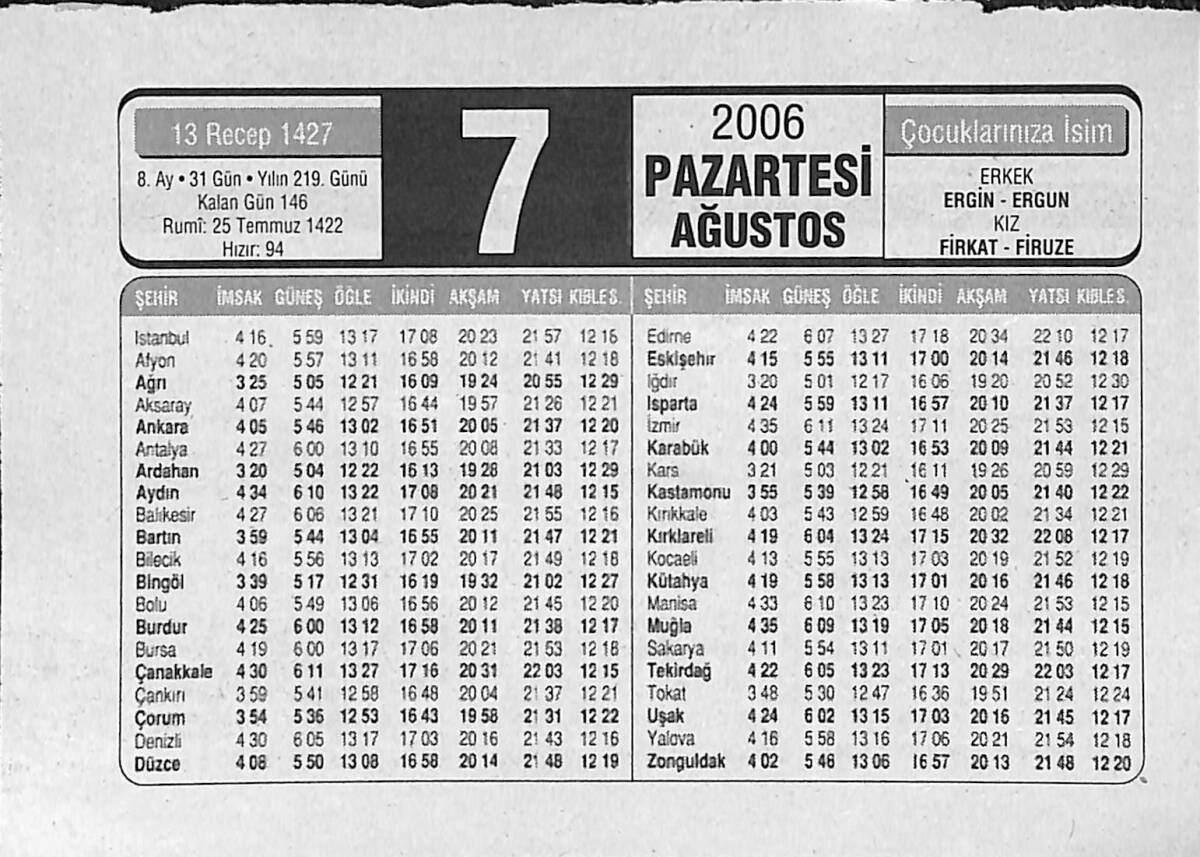 7 Ağustos 2006 Takvim Yaprağı - Doğum Günü Hediyesi EFMN14154 - 1