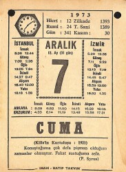 7 Aralık 1973 Takvim Yaprağı - Doğum Günü Hediyesi EFMN13679 - Gökçekoleksiyon