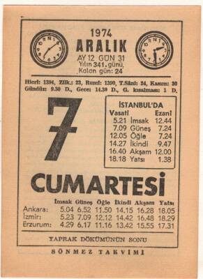 7 Aralık 1974 Takvim Yaprağı EFM(N)4289 - 1