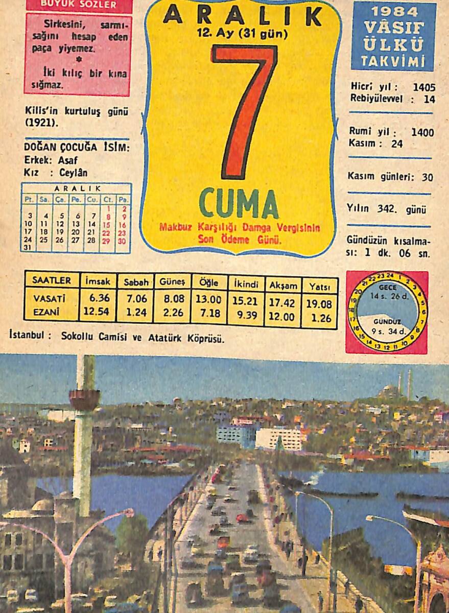7 Aralık 1984 Takvim Yaprağı - Doğum Günü Hediyesi EFMN14774 - 1