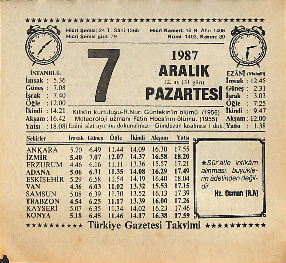 7 Aralık 1987 Takvim Yaprağı - Doğum Günü Hediyesi EFMN15004 - 1