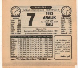 7 Aralık 1993 Takvim Yaprağı EFM(N)4228 - 2