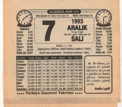 7 Aralık 1993 Takvim Yaprağı EFM(N)4228 - 2