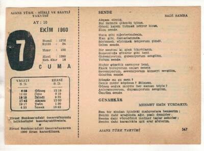 7 Ekim 1960 Ajans Türk Takvim Yaprağı (Şiirli Saatli) EFM(N) 1744 - 2