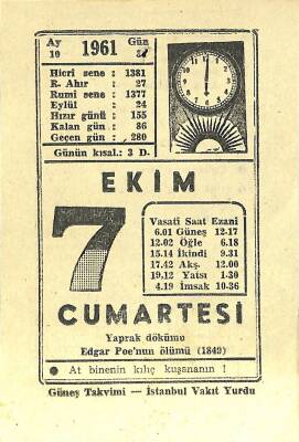 7 Ekim 1961 Takvim Yaprağı - Doğum Günü Hediyesi EFM(N)11651 - 1
