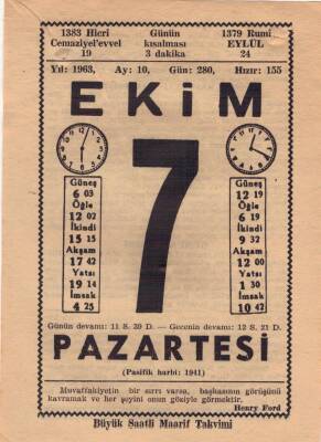 7 Ekim 1963 Takvim Yaprağı EFM(N)3526 - 3