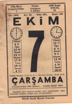 7 Ekim 1964 Takvim Yaprağı EFM(N)3527 - 3