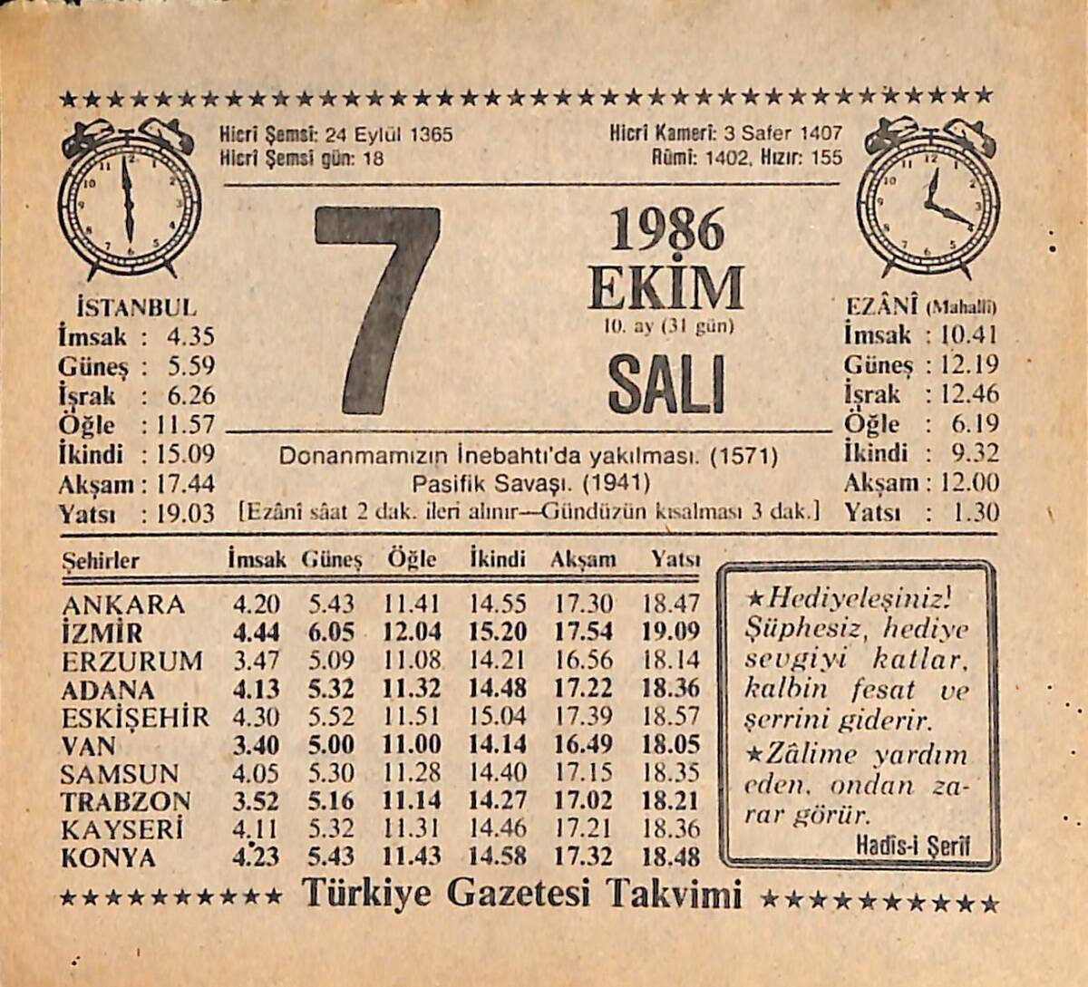 7 Ekim 1986 Takvim Yaprağı - Doğum Günü Hediyesi EFMN14924 - 1