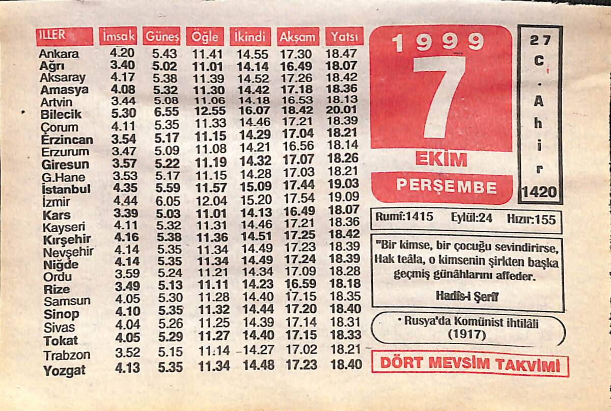 7 Ekim 1999 Takvim Yaprağı - Doğum Günü Hediyesi EFMN14080 - 1