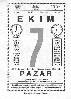 7 Ekim 2001 Takvim Yaprağı - Doğum Günü Hediyesi EFM(N)10474 - 2