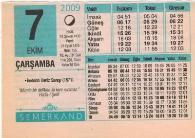 7 Ekim 2009 Takvim Yaprağı EFM(N)3286 - 2