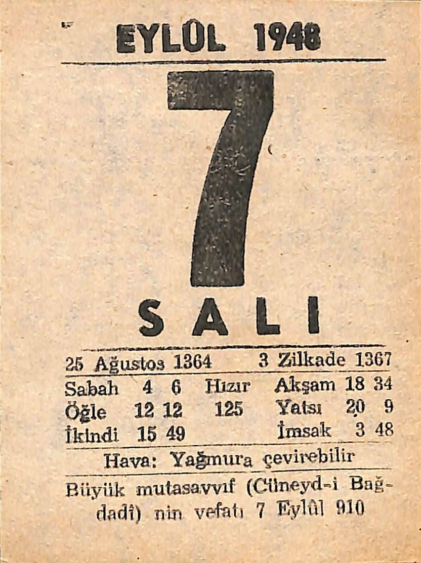 7 Eylül 1948 Takvim Yaprağı - Doğum Günü Hediyesi EFMN14400 - 1