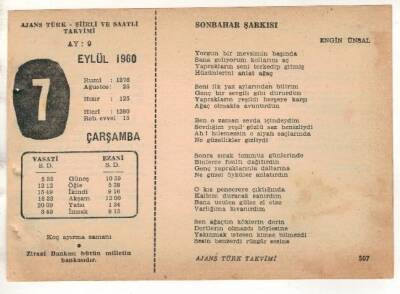7 Eylül 1960 Ajans Türk Takvim Yaprağı (Şiirli Saatli) EFM(N) 1716 - 3