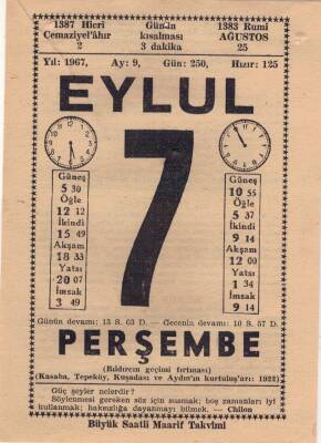 7 Eylül 1967 Takvim Yaprağı EFM(N)3595 - 3