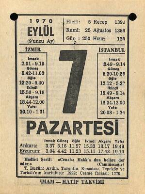 7 Eylül 1970 Takvim Yaprağı - Doğum Günü Hediyesi EFM(N)9883 - 2