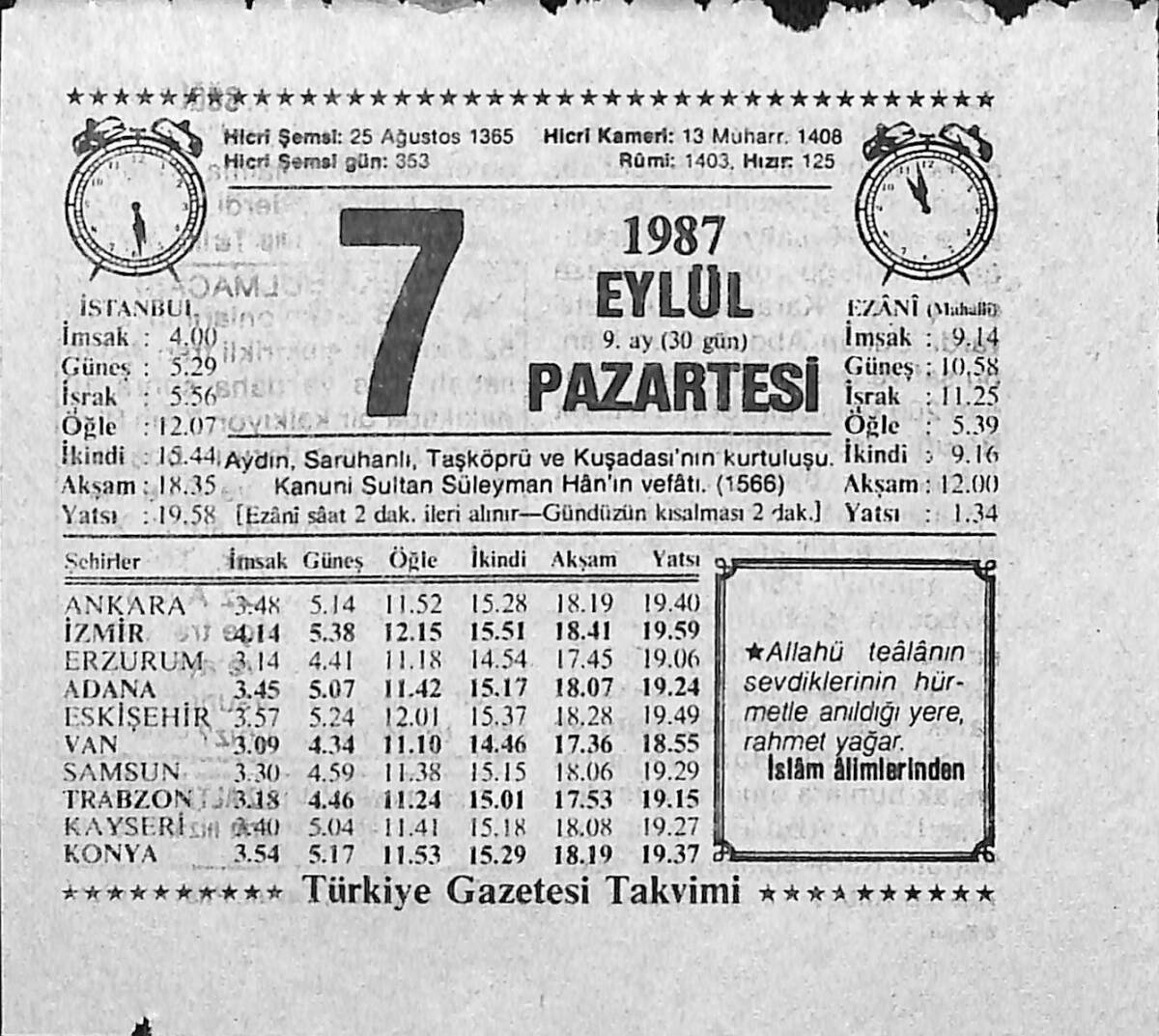 7 Eylül 1987 Takvim Yaprağı - Doğum Günü Hediyesi EFMN13942 - 1