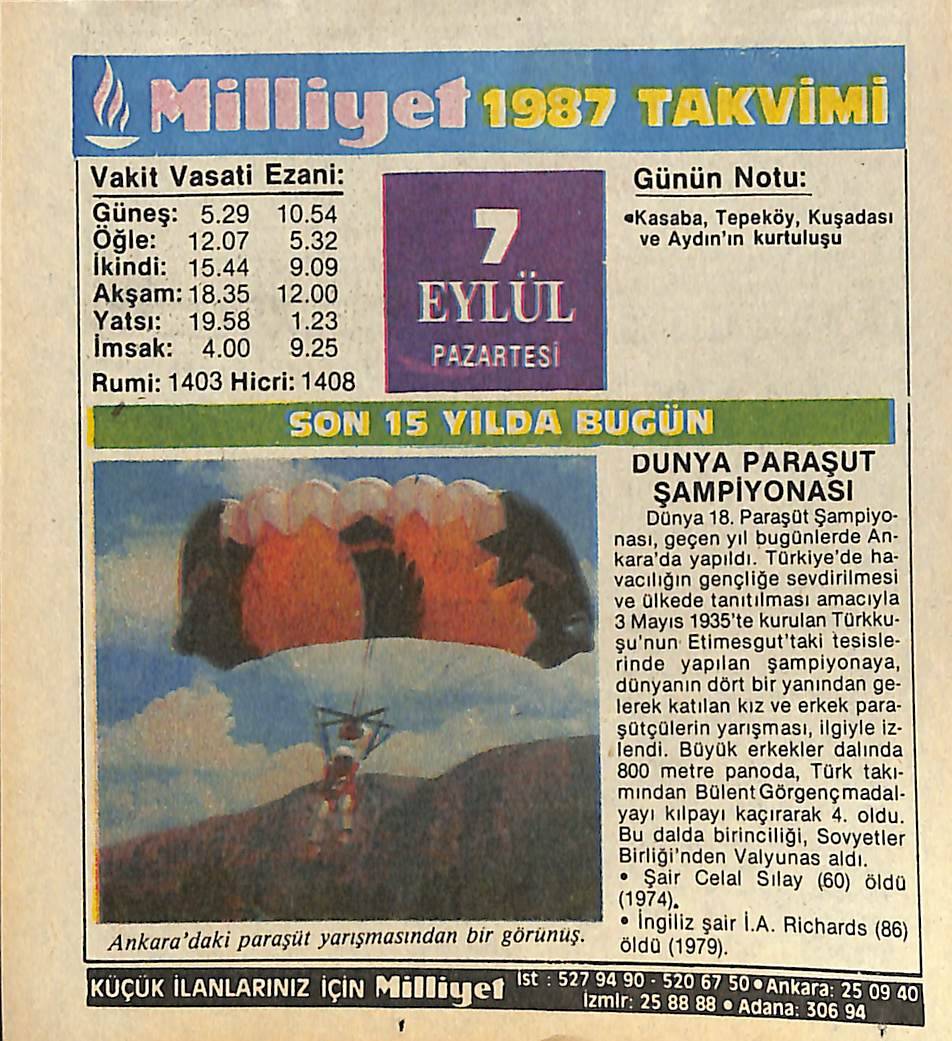 7 Eylül 1987 Takvim Yaprağı - Doğum Günü Hediyesi EFMN14124 - 1