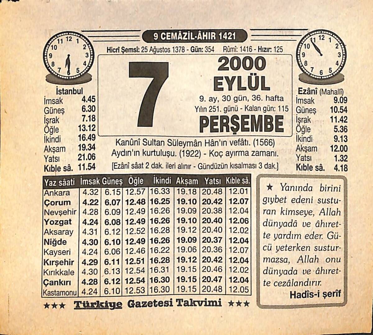 7 Eylül 2000 Takvim Yaprağı - Doğum Günü Hediyesi EFMN14253 - 1