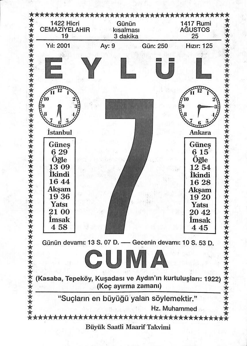 7 Eylül 2001 Takvim Yaprağı - Doğum Günü Hediyesi EFMN14192 - 1