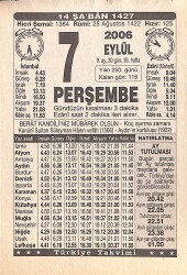 7 Eylül 2006 Takvim Yaprağı - Doğum Günü Hediyesi EFMN15845 - Gökçekoleksiyon