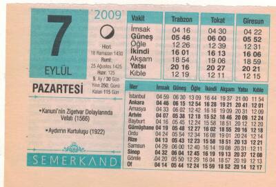 7 Eylül 2009 Takvim Yaprağı EFM(N)2659 - 3