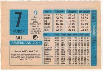 7 Haziran 2011 Takvim Yaprağı EFM(N)1203 - 4