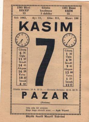 7 Kasım 1965 Takvim Yaprağı EFM(N)3660 - 3