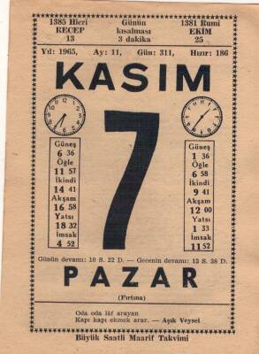 7 Kasım 1965 Takvim Yaprağı EFM(N)3660 - 1