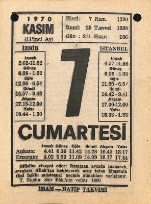 7 Kasım 1970 Takvim Yaprağı - Doğum Günü Hediyesi EFM(N)10739 - 3