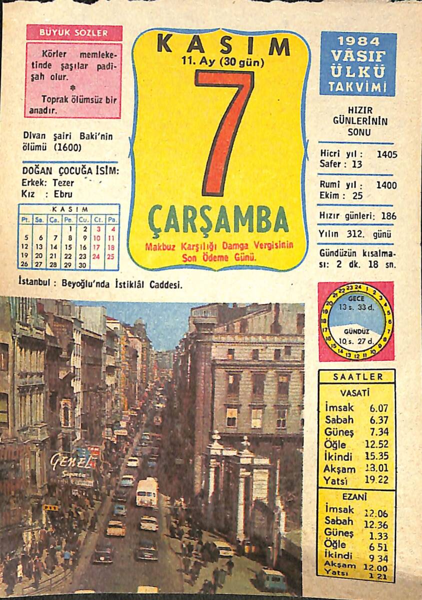 7 Kasım 1984 Takvim Yaprağı - Doğum Günü Hediyesi EFMN14803 - 1