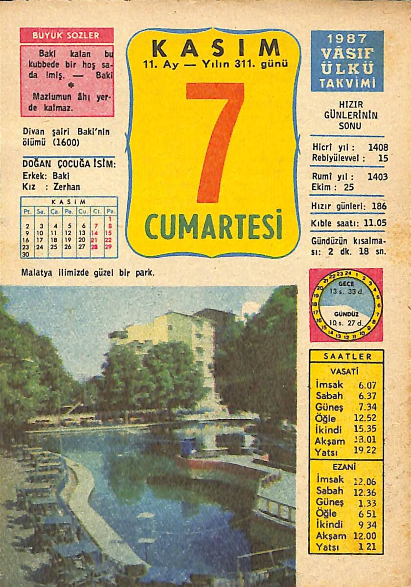 7 Kasım 1987 Takvim Yaprağı - Doğum Günü Hediyesi EFMN13520 - 1
