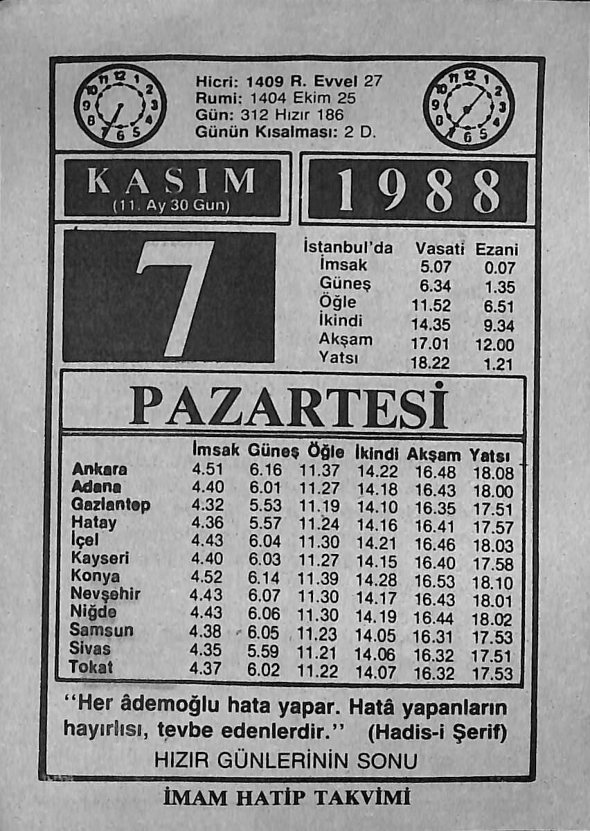 7 Kasım 1988 Takvim Yaprağı - Doğum Günü Hediyesi EFMN14623 - 1