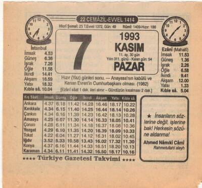 7 Kasım 1993 Takvim Yaprağı EFM(N)3861 - 1