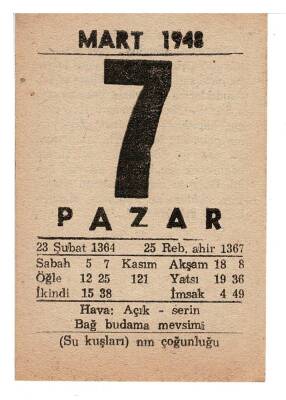 7 Mart 1948 Takvim Yaprağı EFM909 - 3