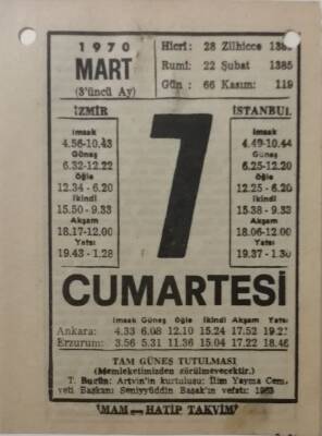 7 Mart 1970 Takvim Yaprağı - Doğum Günü Hediyesi EFM(N)7951 - 1