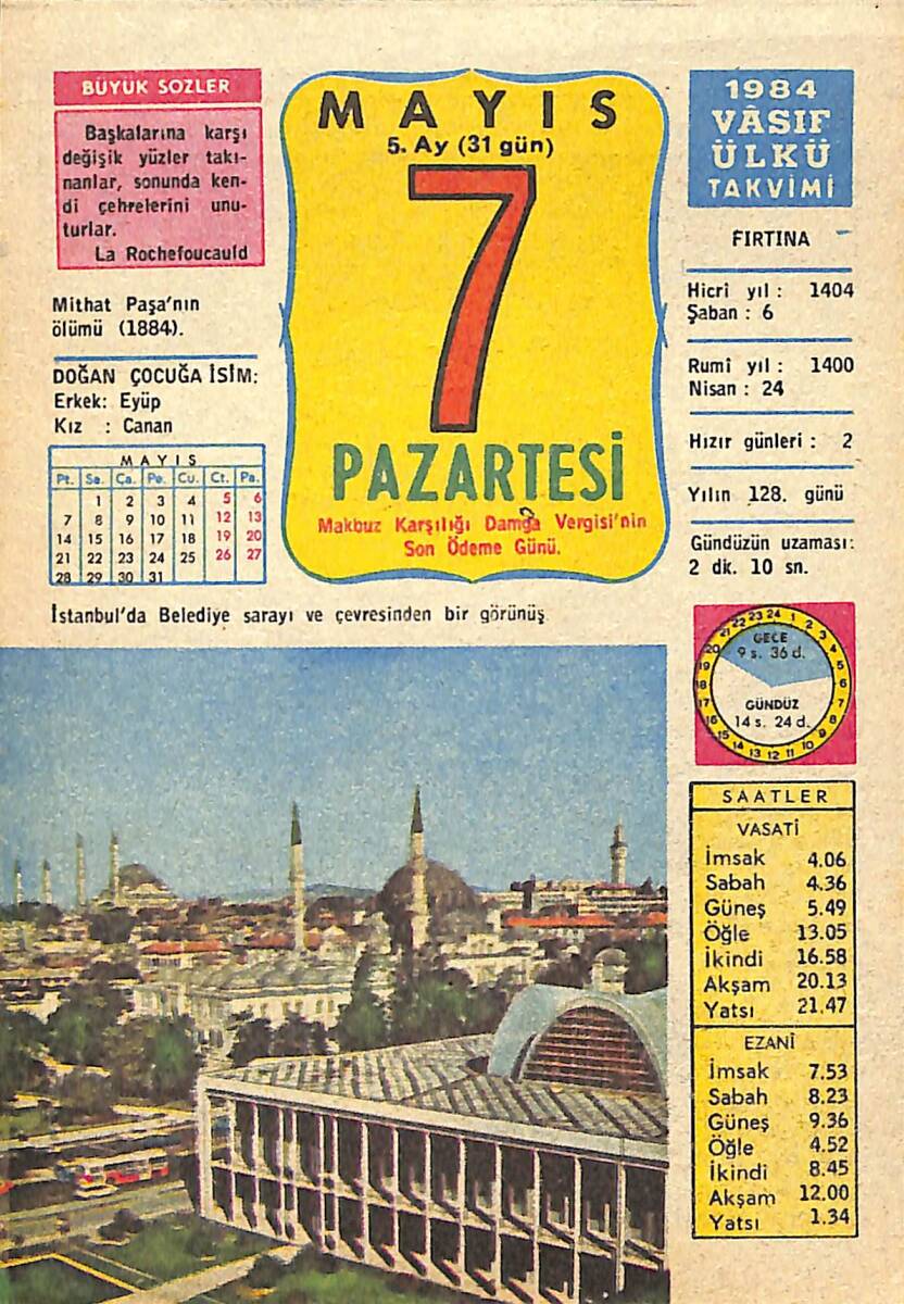 7 Mayıs 1984 Takvim Yaprağı - Doğum Günü Hediyesi EFMN15170 - 1