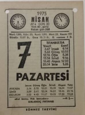 7 Nisan 1975 Takvim Yaprağı - Doğum Günü Hediyesi EFM(N)8134 - 1