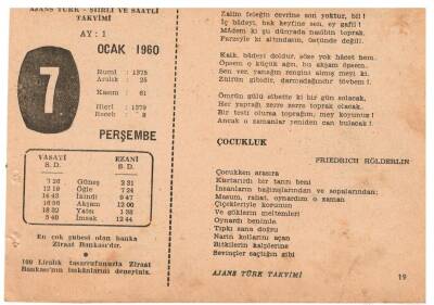 7 Ocak 1960 Ajans Türk Takvim Yaprağı(Şiirli Saatli) EFM(N)1801 - 5