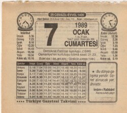 7 Ocak 1989 Takvim Yaprağı EFM(N)4715 - Gökçekoleksiyon