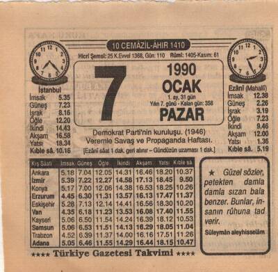7 Ocak 1990 Takvim Yaprağı EFM(N)4684 - 1