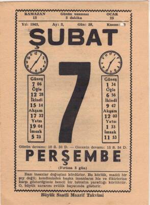 7 Şubat 1963 Takvim Yaprağı EFM(N)5696 - 3