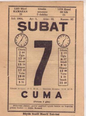7 Şubat 1964 Takvim Yaprağı EFM(N)5717 - 1