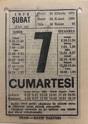 7 Şubat 1970 Takvim Yaprağı - Doğum Günü Hediyesi EFM(N)7757 - 1