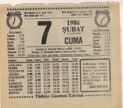 7 Şubat 1986 Takvim Yaprağı EFM(N)5218 - Gökçekoleksiyon