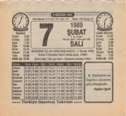 7 Şubat 1989 Takvim Yaprağı EFM(N)5359 - Gökçekoleksiyon
