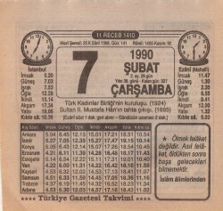 7 Şubat 1990 Takvim Yaprağı EFM(N)5190 - Gökçekoleksiyon