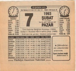 7 Şubat 1993 Takvim Yaprağı EFM(N)5302 - Gökçekoleksiyon